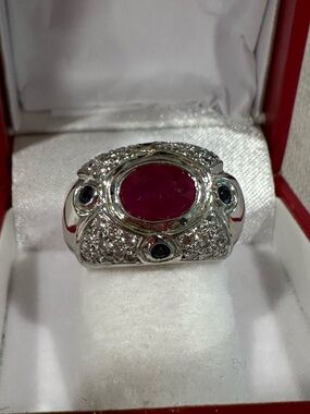 Custom Made Ruby-Blue Sapphire & Diamond Ring Heavy Crafted14K White Gold
